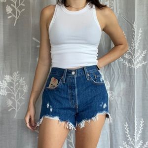 Levi 501 dark wash distressed jean shorts
